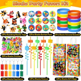 KELEON 123 Building Blocks Party Favors Birthday Supplies, Blocks Toys Button Pin Straw Sticker Silicone Bracelet Keychain Goodie Bags Stuffers Boy Girl Christmas Gift Party Favors for Kids 3-5 4-8