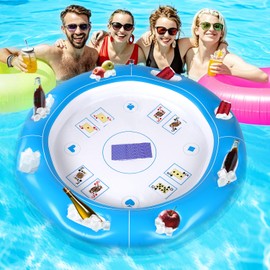 Floating Pool Games Table Set, Include 1pcs 39.37in Inflatable Floating Card Table Tray with 8 Food Drink Holders and 1 Deck of Waterproof Playing Cards for Indoor Outdoor Pool Party(Blue)