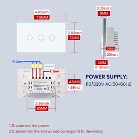 LOUYSGEN Light Switch 118X72X34MM Size No Neutral Wire No WiFi,Tempered Glass Panel,1000W/Gang Total Power Maximum 2000W,White 3 Gang