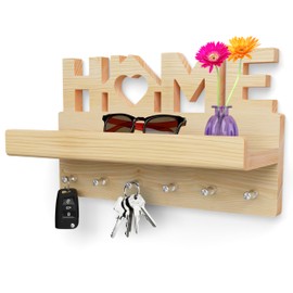 HEIMKÖNIG High-quality key holder with shelf made of pine wood – modern key holder with 6 stainless steel hooks – key rack as an ideal gift for housewarming – includes mounting accessories