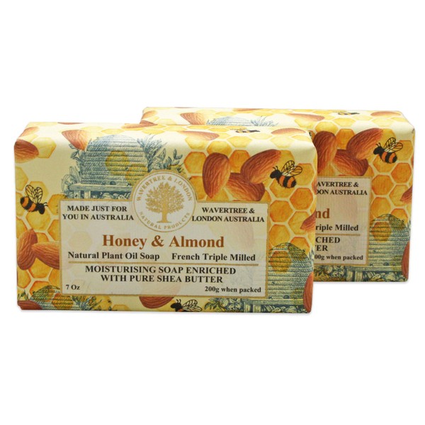 Wavertree & London Honey Almond (2 Bars), 7oz Moisturizing Natural Soap Bar, French -Milled and enriched with Shea Butter
