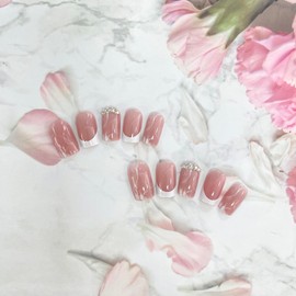 24 Pcs Pink Press on Nails Short Square Fake Nails Rhinestone Designs French Tip Nails Glossy Full Cover Stick on Nails White Lines Rendering Pattern Glue on Nails for Women Girls