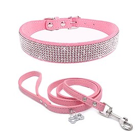 Dogs Kingdom Shining Rhinestones Dog Collar Leash Set - Made of Soft Velvet Material - Cute Bone Tag Dog Cat Collar Leash Set - Adjustable for Girl Or Female Dogs Cats,Pink,XL:16-20" Neck