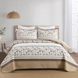 DDUOXIN Queen Quilt Set - 100% Cotton Botanical Stripe Queen Quilt with 2 Pillow Shams, Farmhouse Bedspread Lightweight Comforter Bedding Set for All Seasons, Gray/Brown, Queen(90" W x 98" L)