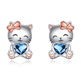 925 Sterling Silver Cat Girl Earrings Cute Animal Stud Earrings Turquoise Jewellery for Women Girls, Sterling Silver, Cubic Zirconia