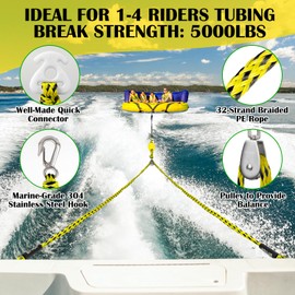 SETYPARY Boat Tow Harness for Tubing, Self Centering Tow Harness for 1-4 Riders Towable Tubes, Floating Boat Tow Rope for Watersports (Yellow)
