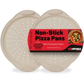 Non-Stick Pizza Pan with Silicone Handle 2 Pack, 13 Inch Round Carbon Steel Tray with Perforated Holes, Dishwasher & Oven Safe Up To 450°F, PFOAPFOSPTFE Free, Durable Nonstick White Marble Coating