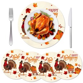 Thanksgiving Round Placemats Set of 4, Faux Leather Table Mat Stain Resistant Washable 13''x13'' Leaves and Pumpkin Decorations Turkey Fall Placemats Waterproof for Dining Kitchen Table Party