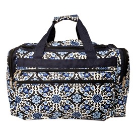 22 inch Fashion Multi Pocket Gym Dance Cheer Travel Carry On Duffle Bag with Bottle Holder (Blank - Blue Flower Geo)