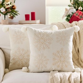Christmas Pom poms Snowflake Throw Pillow Covers 18x18 Set of 2 Winter Holiday Decorative Embroidered Soft Velvet Accent Pillowcase for Sofa Couch Bed Living Room Festivals Home Decor,White