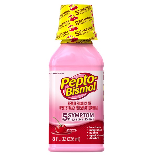 Pepto-Bismol Cherry Liquid 5 Symptom Medicine - Including Upset Stomach & Diarrhea Relief, 8-Fluid Ounce Bottles (Pack of 6)