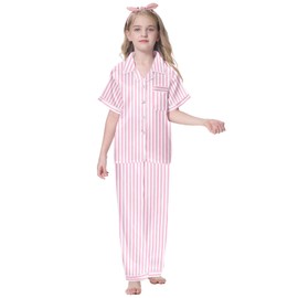 Umeyda Satin Pajamas Set for Girls, Silky Short Sleeve & Pants Soft Breathable Sleepwear Loungewear 2 Piece PJs, Baby Pink Stripe, 9-10 Years = Tag 150