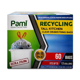 PAMI Recycling Tall 13-Gallon Kitchen Drawstring Trash Bags- Extra-Strong Plastic Garbage Bags [Clear 60 Pack]- Thick Trash Can Liners For Kitchen & Outdoor Bins- 2ft x2ft Unscented Trash Bags