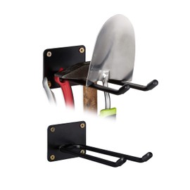 Relaxdays 2 x Tool Holder Wall Mount, Double Hook, Broom Holder, Spade Holder for Screwing on Wall, Steel, 24 cm, Black