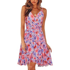 Newshows Summer Dress 2025 Spring Womens Floral Flowy Wrap V Neck Adjustable Spaghetti Casual Beach Wedding Guest Vacation Outfits Clothes Sun Dresses (Red Blue Floral, L)