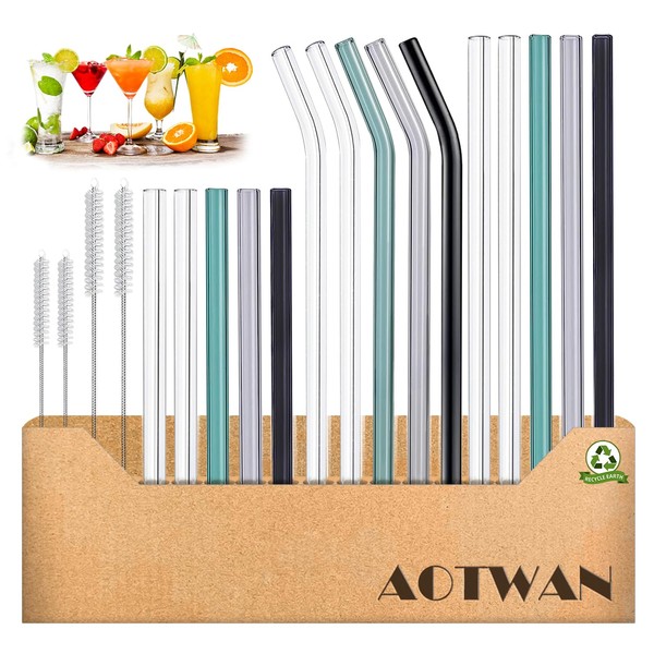 Glass Straws Drinking Reusable Colorful 19 Pack,Size 8.5''x10MM,8.5''x8MM and 6''x10MM,Glass