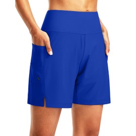 G Gradual Women's 7" Long Swim Board Shorts High Waisted Quick Dry Beach Swimming Shorts for Women with Liner Pockets(Blue,3XL)