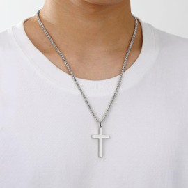 Aretas Stainless Steel Silver Cross Necklace for Men Boys Inspirational Bible Verse Cross Pendant Chain 20 Inch Christian Confirmation Baptism Jewelry Gifts