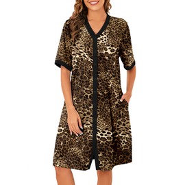 Bloggerlove Short Sleeve Cotton Nightgowns Button Night Gowns for Adult Women House Coat Lightweight Leopard