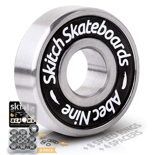 SKITCH Precision Fast Spin Bearings Set | 8 Pack 608 2RS ABEC 9 Chrome Steel Deep Groove Ball Bearing Set for Skateboards, Longboards, Inline Skates, Scooters | + Washers + Spacers | 8mm x 22mm x 7mm