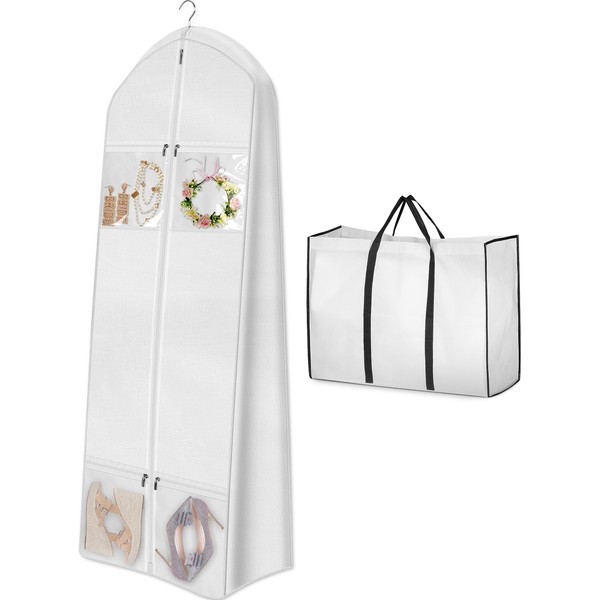 MISSLO Portable 70" Wedding Dress Garment Bag with Bride Tote Bag 8'' Gusseted Dress Bags for Gowns Long 4 Pockets Dress Cover for Women, White