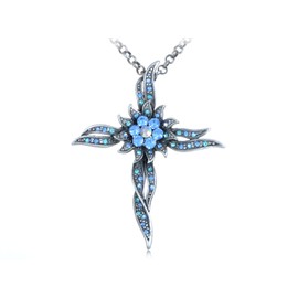 Alilang Silvery Tone Shinely Crystal Rhinestones Cross Sun Flower Pendant Necklace, Blue
