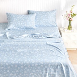 Wake In Cloud - Shabby Chic Bed Sheets, 4-Piece Sheet Set, Floral Flower Rose Pattern Printed Coquette Cottagecore Vintage Aesthetic Bedding, Deep Pocket, Light Blue, Queen Size