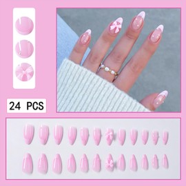 24Pcs Pink French Tip Press on Nails Almond Fake Nails with Bow Pearl Design Cute French False Nails Glossy Full Cover Artificial Acrylic Stick on Nails for Women Manicure Nail Decoration 24Pcs