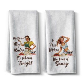 Funny My Kitchen My Rules Towels gifts for Hostess Mom Women Friend Housewarming New Home BBQ Grilling Cooking Dish Towels,16 * 24,2pcs, Joked Absorbent Dishcloth, Hilarious Microfiber Bar Hand Towels