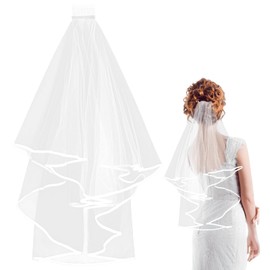 Andibro Short Wedding Bridal Veil with Comb, 2-Tier Tulle Bridal Veil, Elegant Elbow Lengths Wedding Veil, Ribbon Flower Girl Veil