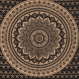 THE ART BOX Indie Wandteppich Baumwolle Mandala Wandbehang Deko Teppich Aesthetic Room Decor Dekoration Wohnzimmer Indische Tücher Schlafzimmer Deko, Schwarzes Gold, 210x230 Cm