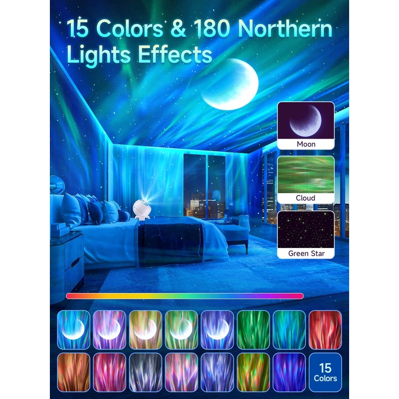 Northern Lights Projector,180 Lighting Modes Galaxy Projector for Bedroom,15 White