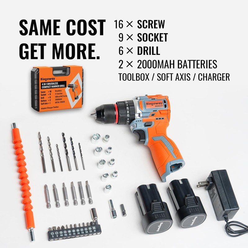 50N.m Brushless Cordless Drill, 4-Function Electric Drill with 36 pcs