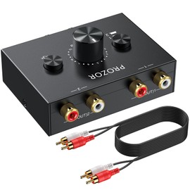 PROZOR RCA Audio Switcher 2(1)-In-1(2)-Out Bidirectional RCA Speaker Switch Box RCA Switcher with Volume Control Mute Button and No External Power Required