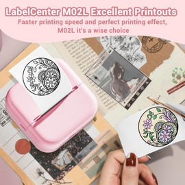 LabelCenter Mini Printer Mini Sticker Printer M02L, Mini Printer for Smartphone Sticker Printer, Mini Photo Printer for Notes, Journal, Photo, for Children, with 1 Roll of Paper, Pink