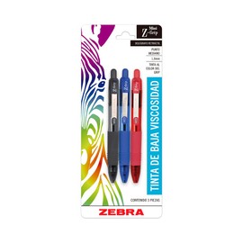 Zebra Bolígrafo Retráctil Mini Z-Grip Punto Mediano (1.0 mm) Tinta De Baja Viscosidad Blíster 3 Piezas Colores Básicos.