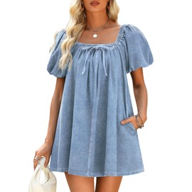 Denim Dress for Women, Puff Short Sleeve Jean Dress Square Neck Denim Romper with Pockets