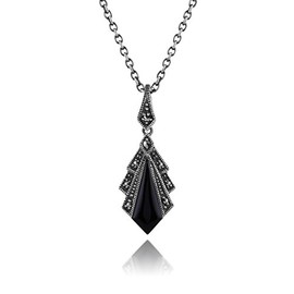 Gemondo 925 Sterling Silver 1ct Black Onyx & Marcasite Art Deco Necklace
