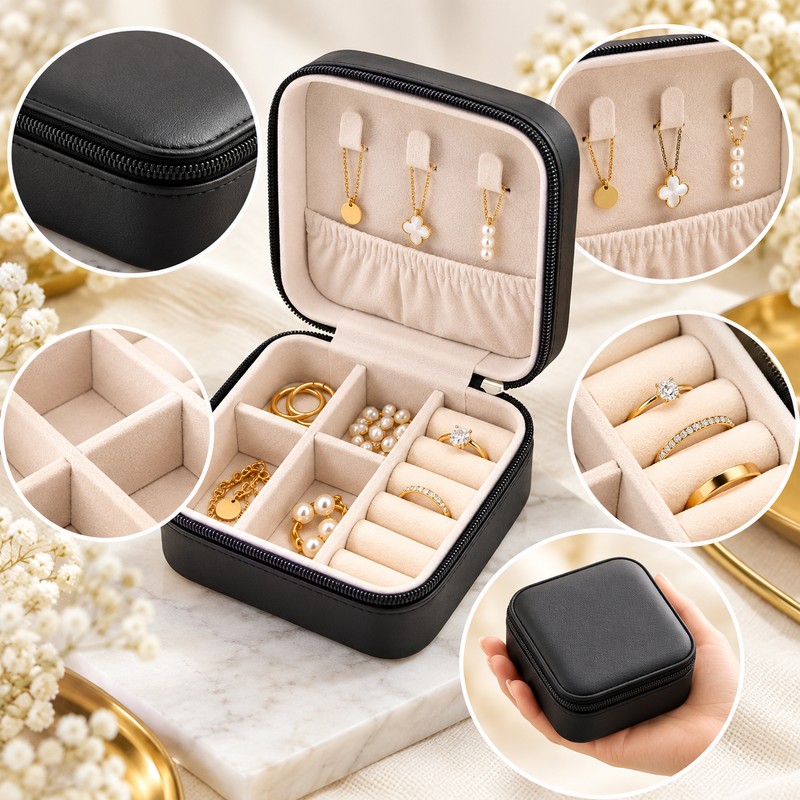 Travel Jewelry Organizer for Rings & Necklaces – Compact Leather