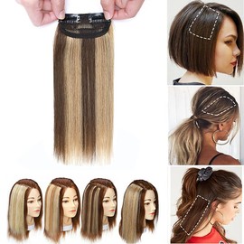 MY-LADY 2PCS Invisible Clip in Mini Hair Extensions for Short Hair Wiglets Hairpieces for Thinning Hair 6 Inch 4/27 Medium Brown mix Dark Blonde Short Extension Hair Clips Real Hair