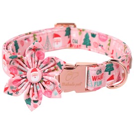 Babole Pet Christmas Dog Collars for Small Dog with Flower Tie,Pink Dog Collar with Safety Metal Buckle Adjustable Puppy Collars for Medium Large Dog,Boy&Girl&Male&Female Dog Gift,S-10-16