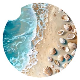 Beach Ocean Waves Car Coasters; set of 2 Absorbent Car Coasters, Cute Car Accessories for Women, 2 Pack Car Cup Holder Coaster, Cute Car Coasters, Floral Car Coaster, Coaster with Finger Notch