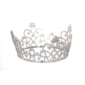 Mid Size Royal Beauty Pageant Crystal Tiara Full Crown - Silver Plated T1142
