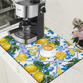 POIUBLE Lemon Fruit and Purple Flower Coffee Mat Absorbent Dish Drying Mat for Kitchen Counter Hide Stain Rubber Backed Coffee Bar Accessories Fit Under Coffee Maker Espresso Machine, 15.7 x 23.6 Inch