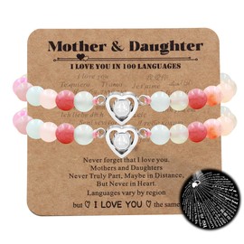 Uloveido Mom Daughter Natural Stone Bracelets Gift - I Love You 100 Languages Bracelets Heart Charm Projection Bracelets Set for Mothers Daughters of 1 2 3pc YA4748, Adjustable, Stone, crystal