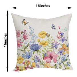 OFIRD Spring Pillow Covers 16x16 Pack of 2 Colorful Floral Butterfly Throw Pillow Covers,Spring Summer Floral Pillowcase Rustic Farmhouse Decorative Linen Cushion Case for Sofa Couch Indoor,Outdoor