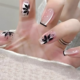 Black French Tips Press on Nails Black Flower Stick on Nails Cat Eye Acrylic Fake Medium Square Nails Glossy Sparkly Flower Cat Eye False Nails Rhinestones Gel Glue on Nail for Women Girls 24 Pcs