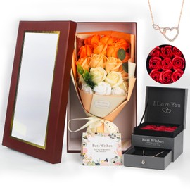 Rose Bouquet Rosas Eternas Preserved Rose Bouquet 18 Flower Bouquet with Beautiful Necklace, Birthday Gift(Orange)
