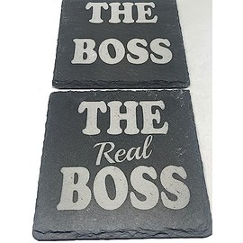 Laser Amore Funny Slate Coaster Set for Couples - 'The Boss' & 'The Real Boss', Ideal Christmas, Valentine's, Anniversary, Birthday Gifts for Him, Her, Boyfriend, Husband, Couples