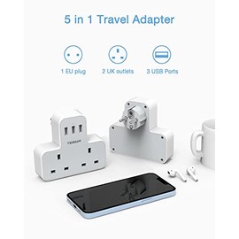TESSAN UK to European Plug Adapter, TESSAN Grounded Schuko European Plug Travel Adapter with 3 USB, UK to EU Euro Europe for Spain France Iceland Germany Greece Poland Type E F Adaptor
